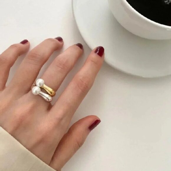 925 Sterling Silver Pearl Bar Ring Minimalist Geometric Dainty Pearl Ring - Picture 2 of 4